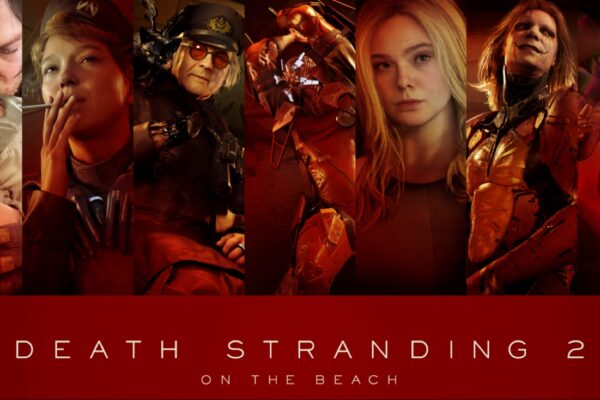 كل التفاصيل عن اللعبة المرتقبة 2025 Death Stranding 2: On the Beach صورة ترويجية للعبة Death Stranding 2: On the Beach تظهر مجموعة من شخصيات اللعبة بإضاءة حمراء دافئة مع شعار اللعبة باللون الأحمر في الأسفل ونصوص حقوق الطبع والنشر.