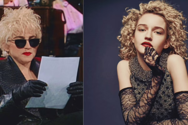 صورة تُظهر Madonna وJulia Garner في إطلالات مميزة، مع اليسار يعكس أسلوب Madonna التقليدي واليمين يبرز تحضيرات Julia Garner لدورها في فيلم Who’s That Girl?