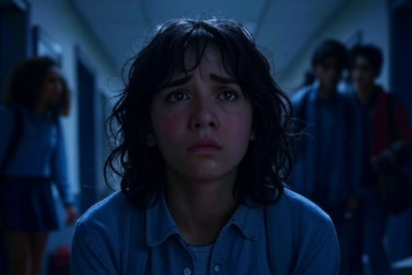 صورة لفتاة شابة ذات شعر مجعد داكن ترتدي قميصًا أزرق، تنظر بتعبير خائف وقلق في ممر مدرسة مظلم، مع خلفية ضبابية تحتوي على طلاب آخرين في الخلفية، مما يعكس جوًا من التوتر والقلق.