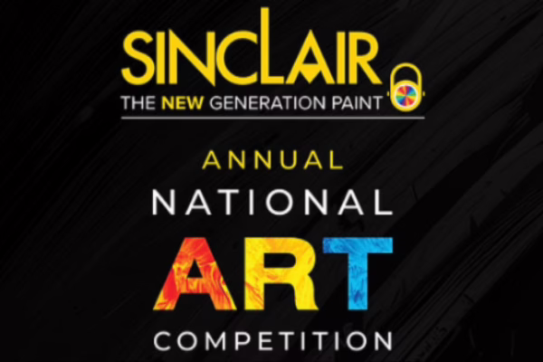 شعار وملصق رسمي لمسابقة Sinclair Annual National Art Competition 2025، يتضمن النص "SINCLAIR THE NEW GENERATION PAINT" باللون الأصفر، وكلمة "ANNUAL" باللون الأبيض، وكلمة "NATIONAL ART COMPETITION" باللون الأبيض مع كلمة "ART" بالألوان المتعددة (أحمر، أصفر، أزرق)، على خلفية سوداء بتأثير الفرشاة.