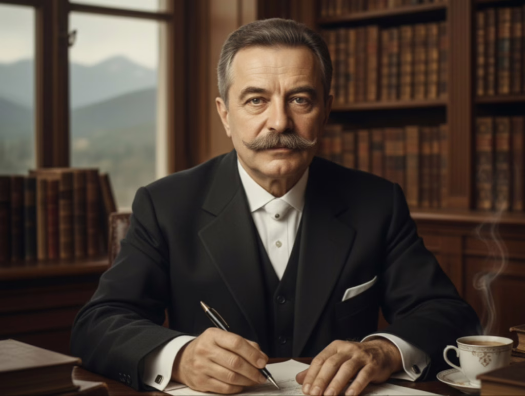 يوردان يوفكوف، الأديب البلغاري، يجلس في مكتبته الفخمة ويكتب. يرتدي بدلة كلاسيكية، وتبدو على وجهه علامات الحكمة والتفكير العميق، مع خلفية من الرفوف المليئة بالكتب ونافذة تطل على مناظر طبيعية جبلية.