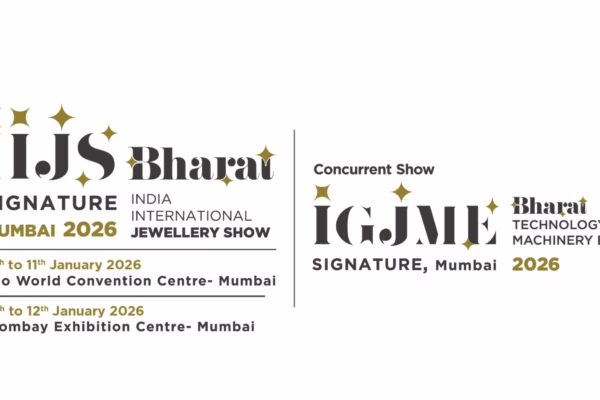 شعار معرض IIJS Bharat Signature 2026 في مومباي موضحاً مواعيد العرض في مركز جيو ومركز بومباي للمعارض، بجانب شعار معرض IGJME للتكنولوجيا.