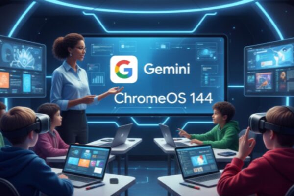 معلمة تشرح مميزات مساعد Gemini في فصل دراسي تقني متطور باستخدام أجهزة Chromebook Plus ضمن تحديث ChromeOS 144 لتعزيز تجربة التعليم الذكي.