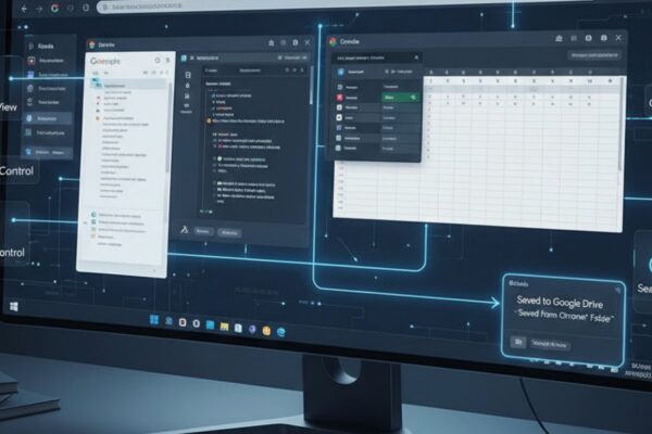 لقطة شاشة توضيحية تعرض واجهة مستخدم متقدمة لمميزات تحديث متصفح كروم 2026 مثل تقسيم الشاشة (Split View) والتكامل السحابي المباشر.