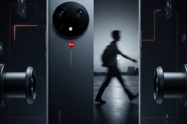 التصميم الخلفي لهاتف من سلسلة شاومي 17 يبرز شعار لايكا الأحمر والعدسات الاحترافية مع ظلال توحي بفلسفة الضوء والظل.