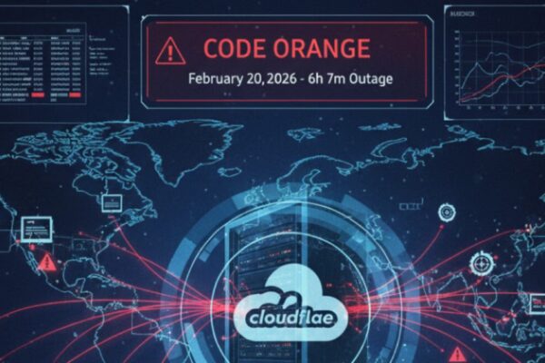 إنفوجرافيك يوضح خريطة انتشار عطل كـلاود فـلير 2026 العالمي بتاريخ 20 فبراير، مبرزاً مدة الانقطاع التي بلغت 6 ساعات و7 دقائق وتفاصيل مبادرة Code Orange.