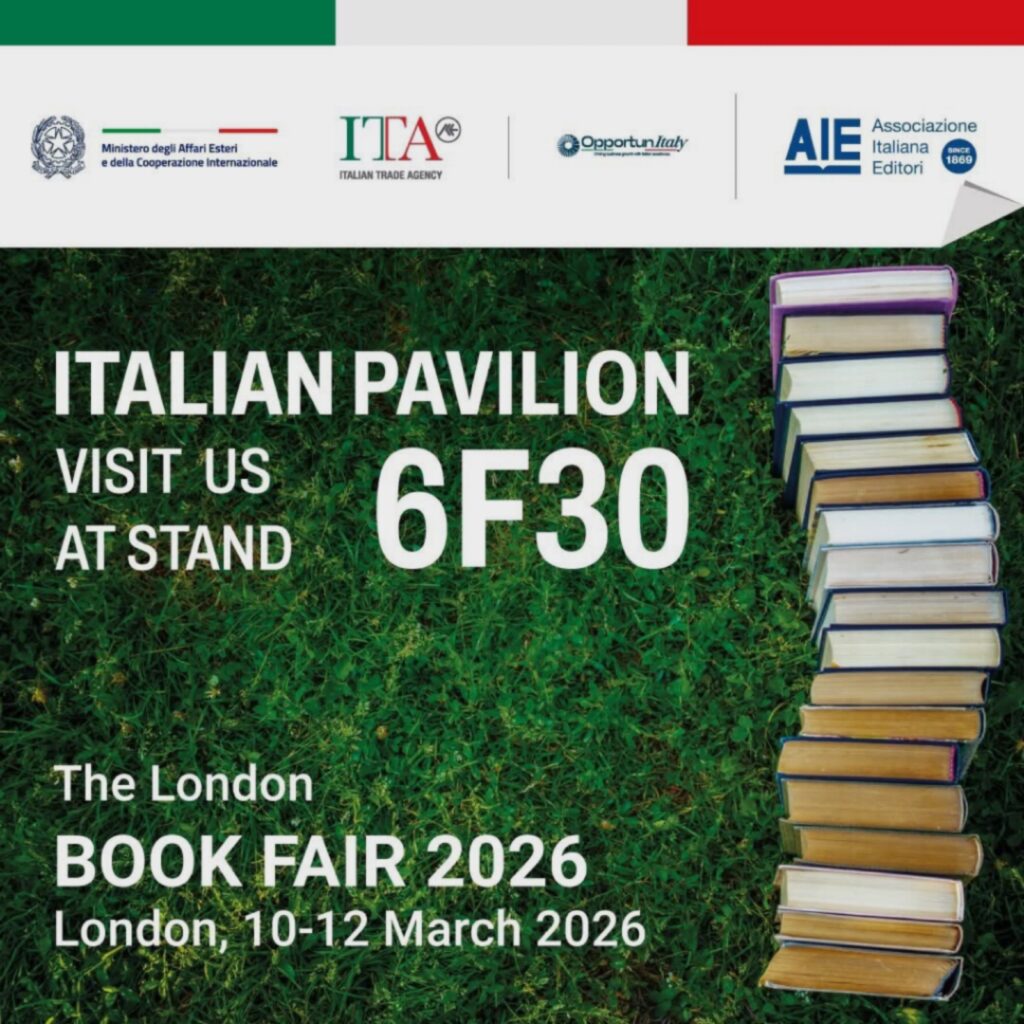 ملصق ترويجي للجناح الإيطالي في معرض لندن الدولي للكتاب 2026 يظهر رقم المنصة 6F30 وموعد الحدث مع شعار الوكالة الإيطالية للتجارة (ITA).