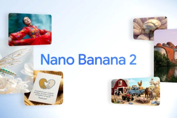 صورة ترويجية لنموذج Nano Banana 2 تظهر كلمة "Nano Banana 2" في المنتصف محاطة بأمثلة لصور مولدة بالذكاء الاصطناعي تشمل يعسوباً ميكانيكياً، سيدة بزي أحمر مزخرف، خنفساء ذهبية، ومنظراً طبيعياً لمزرعة.