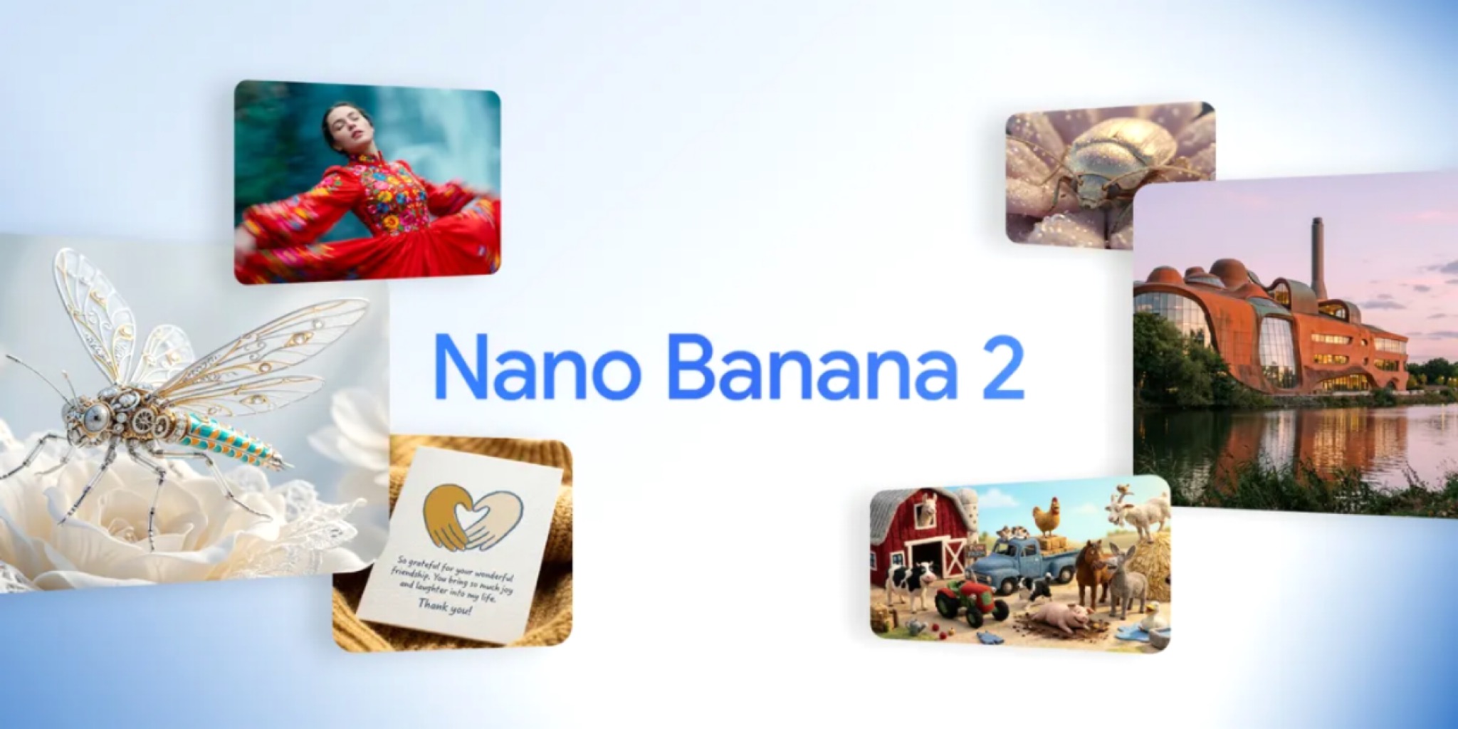 صورة ترويجية لنموذج Nano Banana 2 تظهر كلمة "Nano Banana 2" في المنتصف محاطة بأمثلة لصور مولدة بالذكاء الاصطناعي تشمل يعسوباً ميكانيكياً، سيدة بزي أحمر مزخرف، خنفساء ذهبية، ومنظراً طبيعياً لمزرعة.