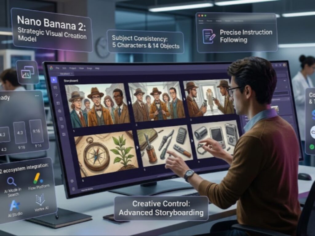 لقطة شاشة توضح واجهة مستخدم نموذج Nano Banana 2 مع ميزات التحكم الإبداعي المتطور، بما في ذلك ميزة اتساق الشخصيات لـ 5 شخصيات و14 كائناً وبناء القصص المصورة (Storyboarding) والتكامل مع منصات جوجل.