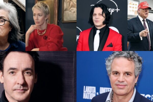 صورة مجمعة (Collage) تضم المشاهير روزي أودونيل، كاري كون، جاك وايت، مارك رافالو، وجون كيوزاك، إلى جانب دونالد ترامب، تجسيداً للموقف الفني الموحد المناهض لـ عملية الغضب الملحمي.