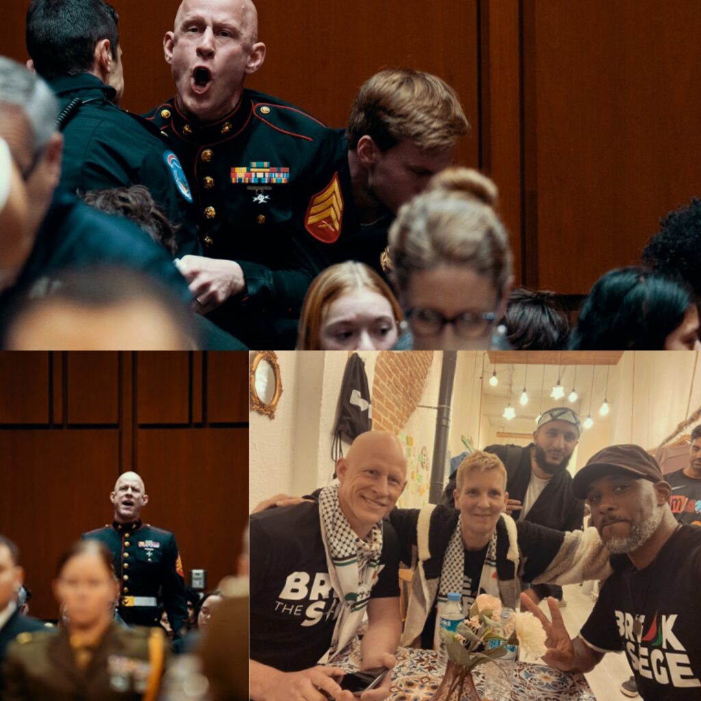 تجميعية تظهر برايان ماكغينيس (Brian McGinnis) في ثلاث لقطات: وهو يصرخ بالزي العسكري أثناء اعتراضه في قاعة استماع، ولقطة أخرى له واقفاً ببدلته العسكرية داخل الكونجرس، وصورة ثالثة تجمعه بمجموعة من النشطاء يرتدون الكوفية.