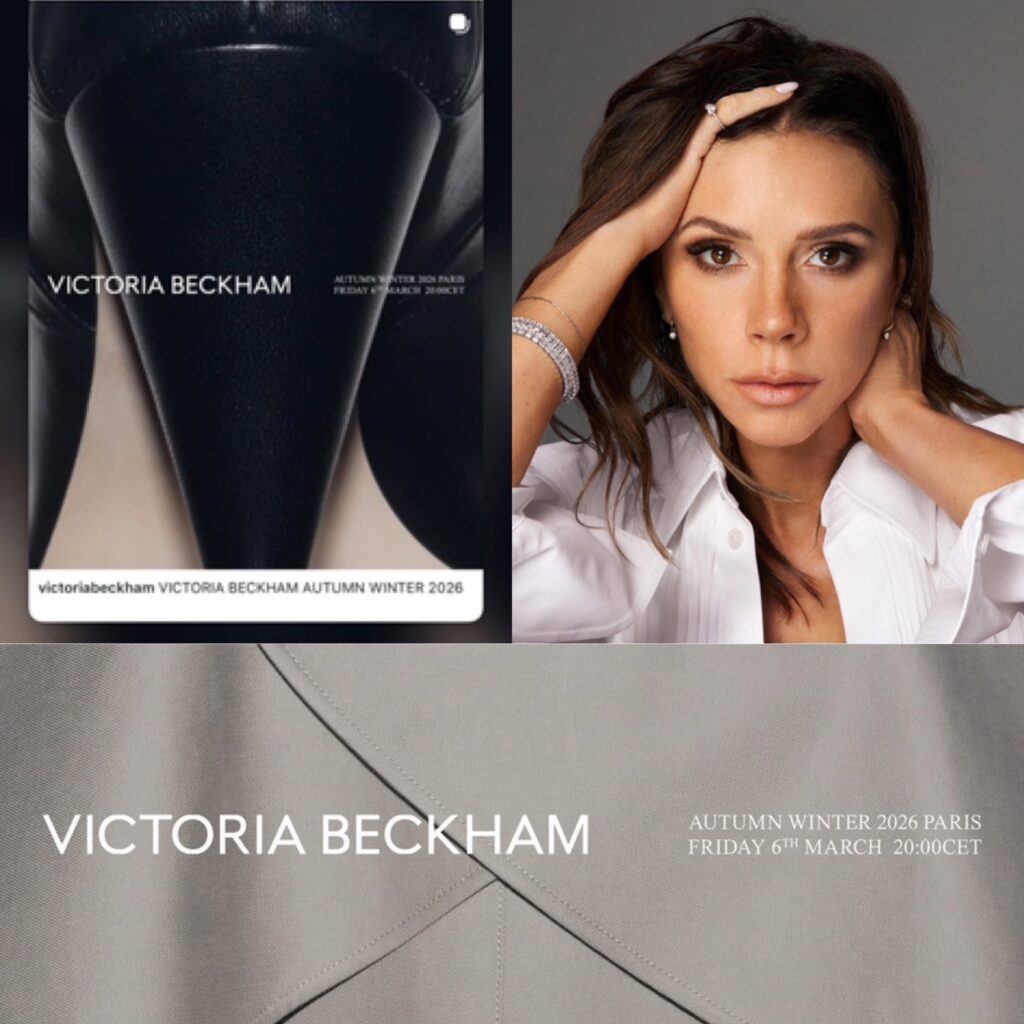 لوحة تجميعية (كولاج) لدار "فيكتوريا بيكهام" (Victoria Beckham) تضم بورتريه شخصي لها بقميص أبيض، مع ملصقات دعائية لمجموعتها لخريف وشتاء 2026 في باريس، تؤكد موعد العرض يوم الجمعة 6 مارس في تمام الساعة 20:00 بتوقيت وسط أوروبا.