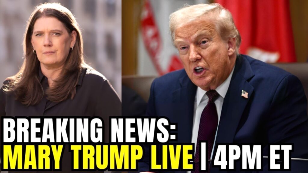 لقطة مركبة (كولاچ) كصورة مصغرة لبث إخباري، تظهر ماري ترامب بملامح جادة على اليسار، ودونالد ترامب وهو يخطب بحماس على اليمين، مع أعلام أمريكية في الخلفية. في الأسفل، نص كبير باللونين الأبيض والأصفر يعلن: "أخبار عاجلة: ماري ترامب بث مباشر | 4 مساءً بتوقيت شرق الولايات المتحدة".