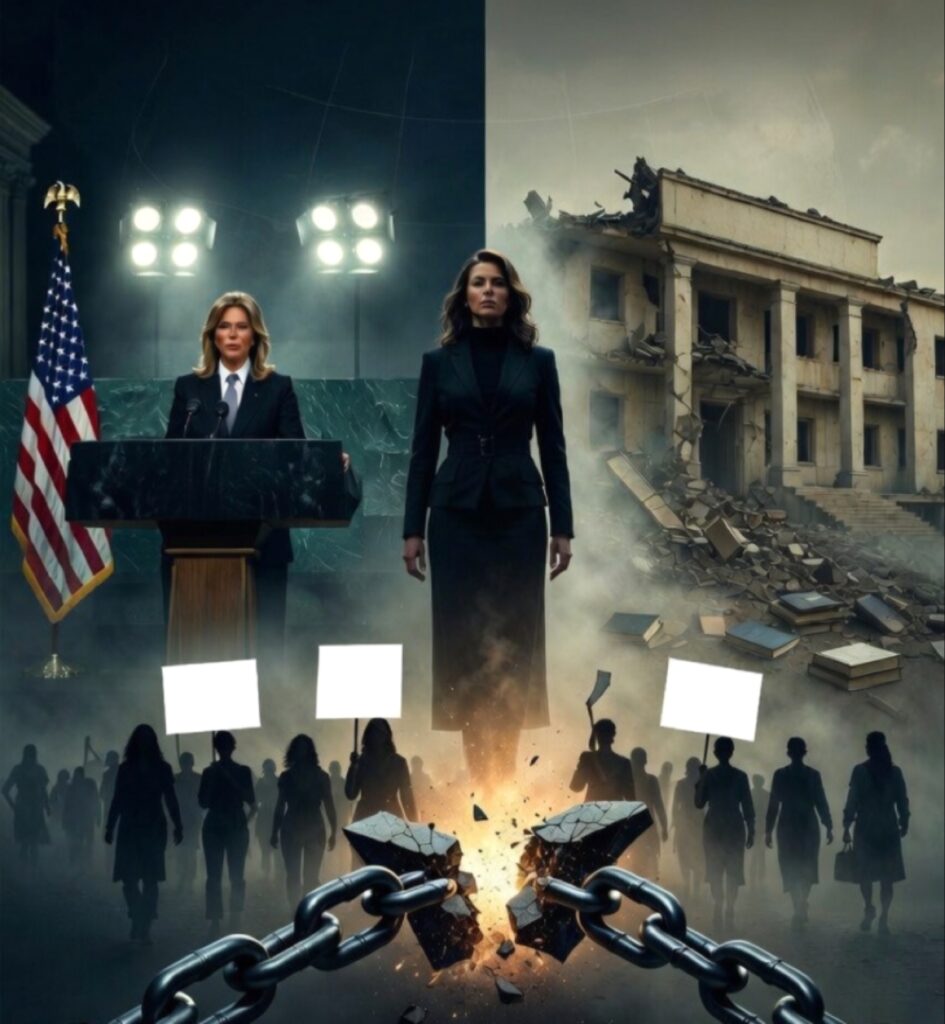 صورة فنية مقسمة بذكاء تقارن بين مشهدين؛ على اليسار، امرأة ببدلة وربطة عنق تقف بثقة خلف منصة رخامية داكنة مع ميكروفونات تحت إضاءة مسرح قوية وأمام علم الولايات المتحدة، مما يرمز إلى المظهر الرسمي للسلطة والاستقرار. على اليمين، امرأة أخرى تقف بثقة أمام مبنى حكومي كلاسيكي أبيض مدمر ومدمر بالكامل، يحيطه الركام وأكوام من الكتب المبعثرة على الأرض تحت سماء داكنة وملبدة بالغيوم، مما يرمز إلى الفوضى والدمار الحقيقي. في المقدمة المشتركة، حشد من النساء المتظاهرات (صورة ظلية) في الظل يرفعن لافتات بيضاء فارغة. في المقدمة الوسطى، سلاسل حديدية ثقيلة مكسورة ومتطايرة، مما يسبب انفجارًا صغيرًا وشرارات، مما يرمز إلى التحرر من القيود.