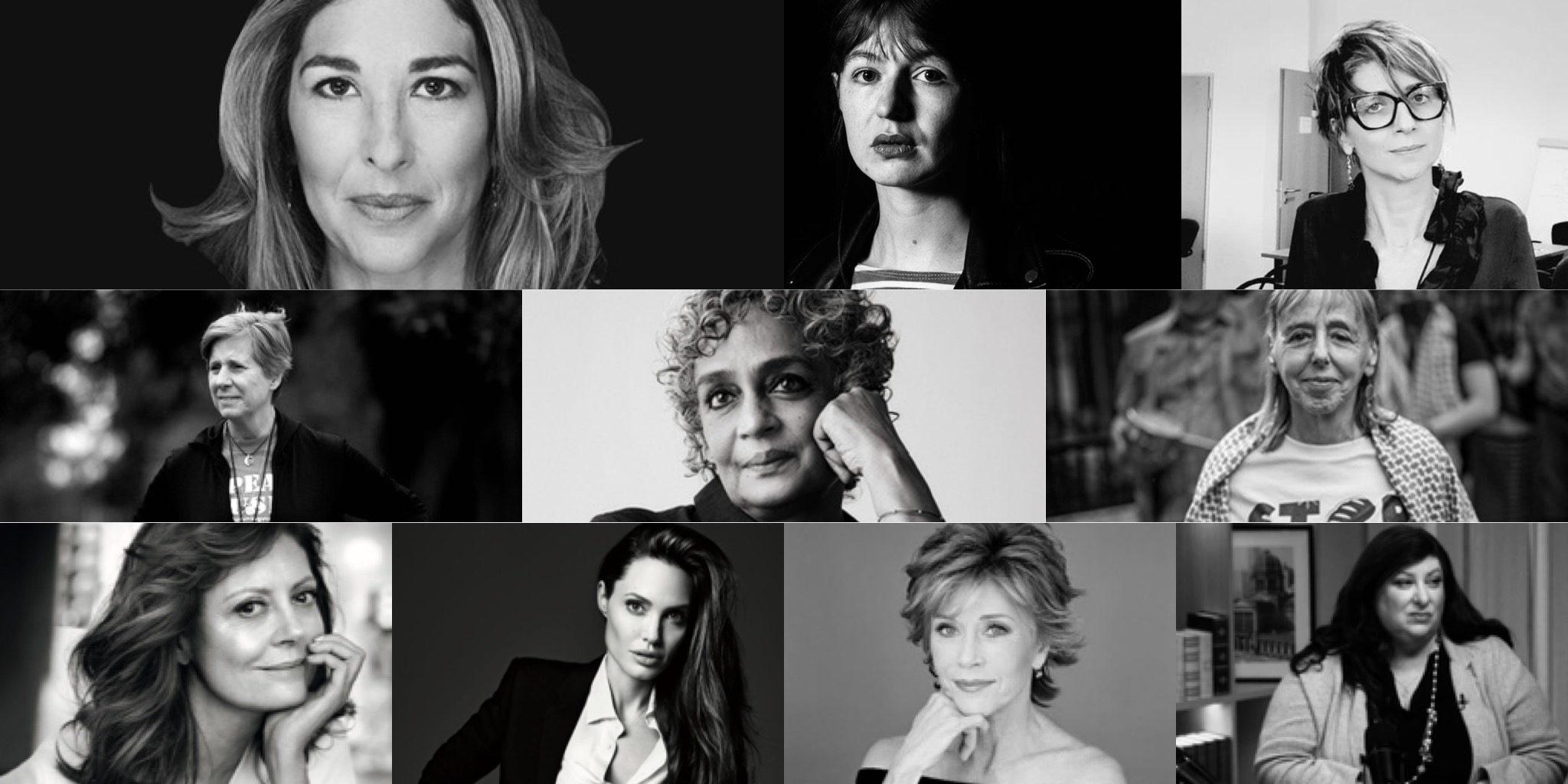 صورة مجمعة (كولاج) لعشر نساء رائدات في اليوم العالمي للمرأة هن: فرانشيسكا ألبانيز، سالي روني، تارا ريد، أرونداتي روي، سوزان ساراندون، أنجلينا جولي، ميديا بنجامين، جين فوندا، نعومي كلاين، وسيندي شيهان.