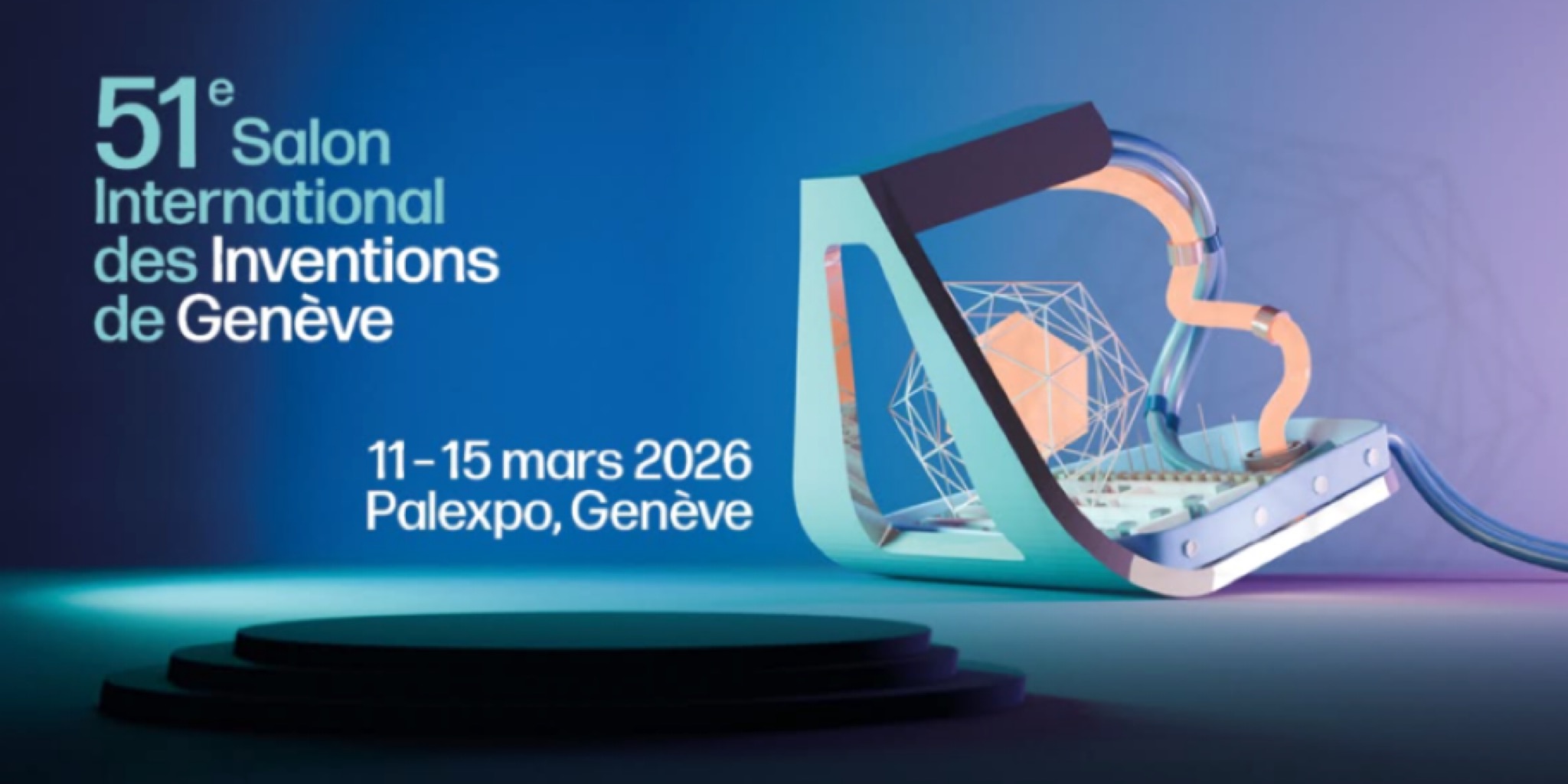 ملصق دعائي باللونين الأزرق والبنفسجي يوضح بيانات الدورة 51 من معرض جنيف الدولي للاختراعات، المقررة من 11 إلى 15 مارس 2026 في باليكسبو جنيف، مع تصميم جرافيكي مبتكر لجسم ثلاثي الأبعاد.