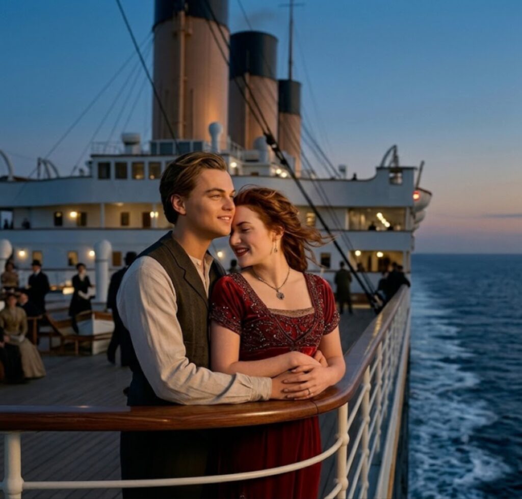 مشهد من فيلم تايتانيك (1997) يجمع ليوناردو دي كابريو وكيت وينسليت على مقدمة السفينة في اللحظة الأيقونية "أنا أطير".