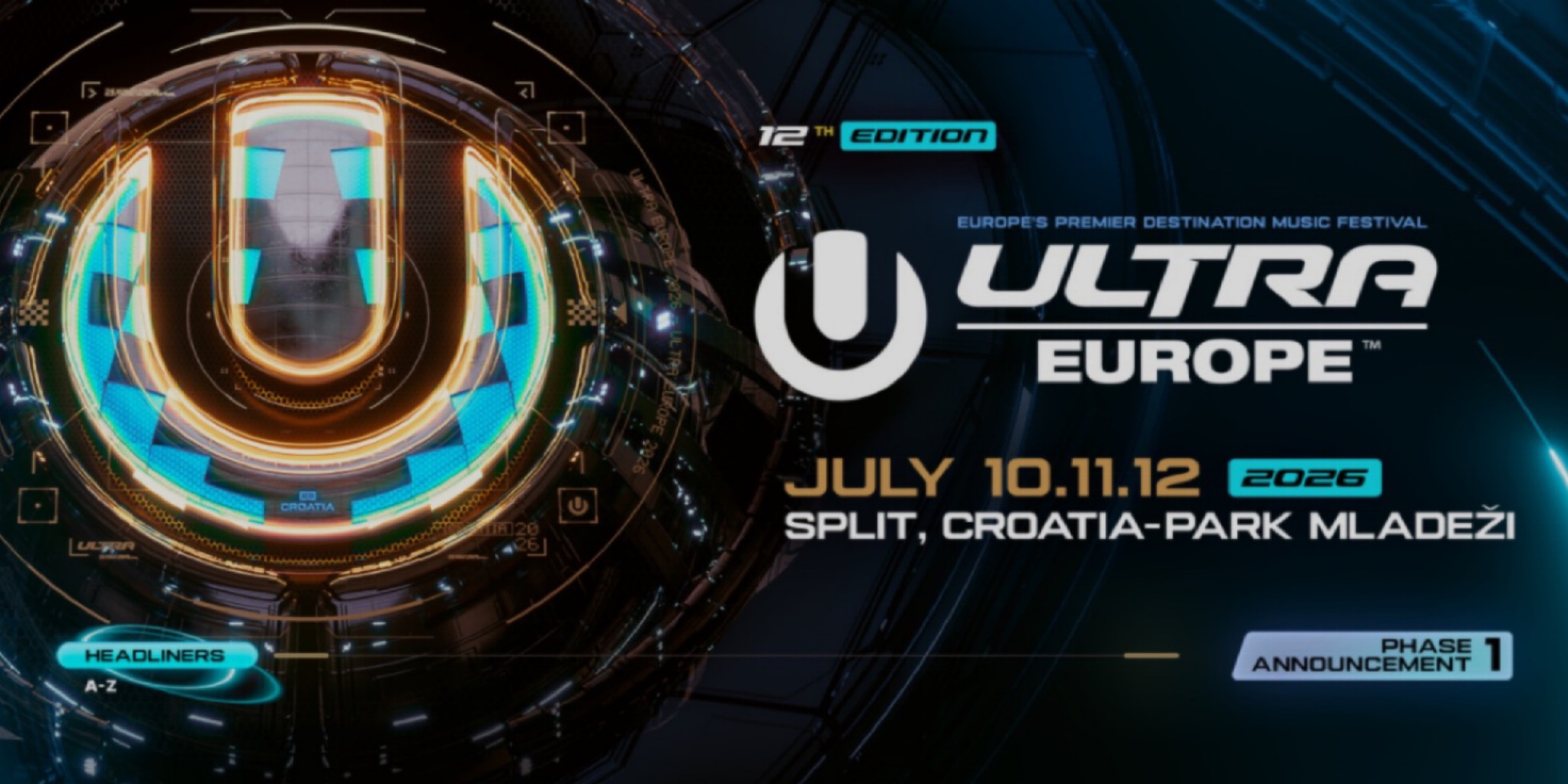 ملصق رقمي لمهرجان ULTRA Europe 2026 يظهر شعار المهرجان المتوهج باللون الأبيض والبرتقالي مع تواريخ 10 و11 و12 يوليو في مدينة سبليت بملعب بارك ملاديزي.