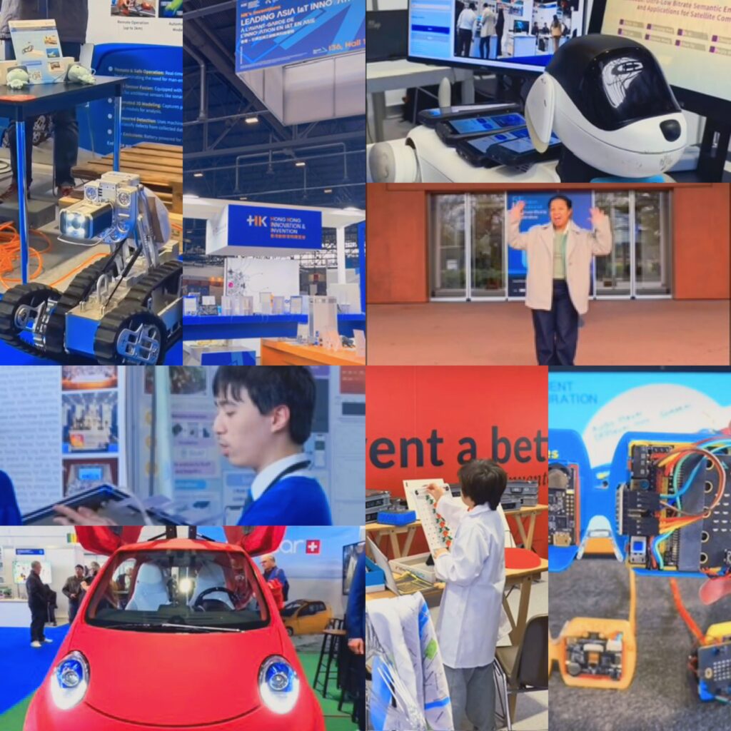 لقطات من فعاليات معرض جنيف الدولي للاختراعات 2026 تضم مجمعة صور لسيارة كهربائية حمراء صغيرة، وروبوتات ذكية، وتطبيقات عملية للذكاء الاصطناعي والبرمجة في مختبرات الشباب.