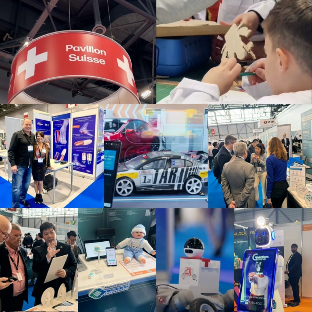 مشاهد من فعاليات معرض جنيف الدولي للاختراعات 2026 تظهر مجمعة صور للجناح السويسري، وورش عمل علمية للأطفال، ونماذج لروبوتات طبية وتقنية متطورة بمركز باليكسبو.