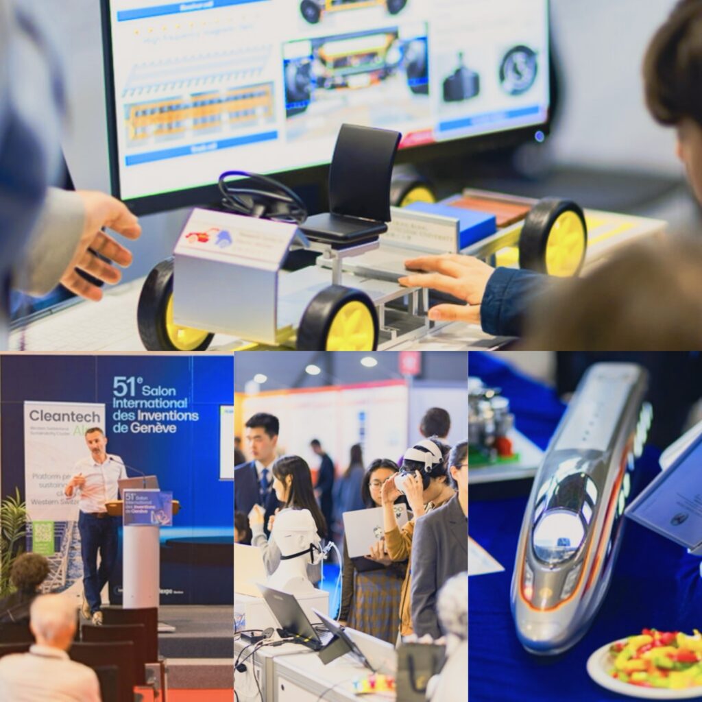 مجمعة صور لفعاليات جنيف الدولي للاختراعات تشمل نماذج قطارات سريعة ومركبات ذكية وتجارب واقع افتراضي وندوات تقنية.
