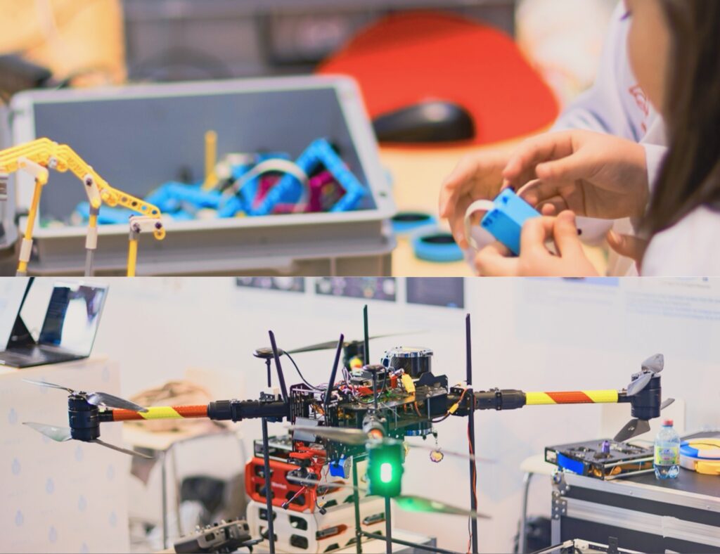 مجمعة صور تستعرض ورش عمل الروبوتات للأطفال ونماذج لطائرات مسيرة (Drones) متطورة مزودة بكاميرات استشعار في معرض جنيف الدولي للاختراعات.