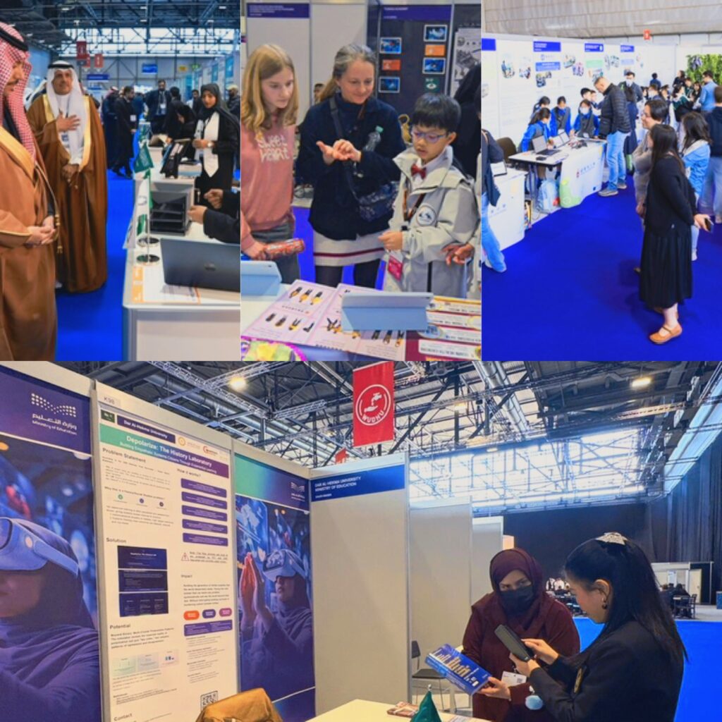 مجمعة صور تظهر وفداً سعودياً وزواراً وطلاباً يشاركون في ورش عمل تعليمية وجلسات نقاشية تقنية بمركز باليكسبو في معرض جنيف الدولي للاختراعات.