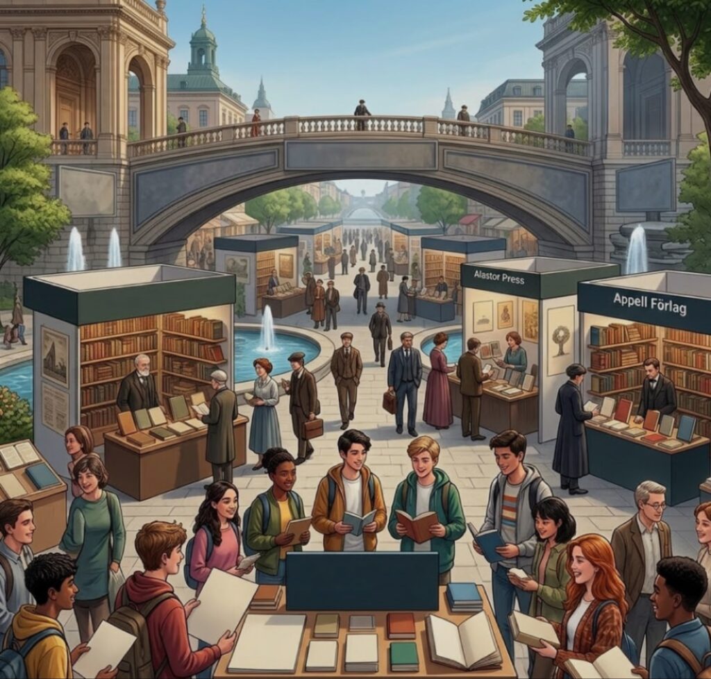 لوحة رقمية (Illustration) مولدة بالذكاء الاصطناعي تصور ساحة مفتوحة لـ معرض ستوكهولم للكتاب أمام مبنى تاريخي وجسر حجري، تضم منصات عرض لدور نشر مثل "Alastor Press" و"Appell Förlag"، مع زوار وطلاب يقرؤون الكتب وسط نوافير مياه وساحة كلاسيكية.