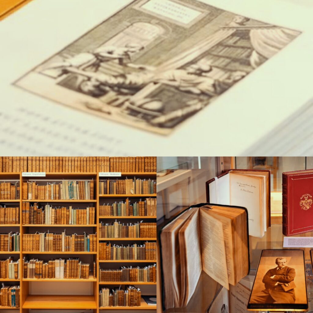 مجمعة صور (Collage) تستعرض صفحة لمخطوط ورقي قديم، ورفوفاً ممتلئة بالكتب الأنتيك، وبورتريه في معرض ستوكهولم للكتاب.