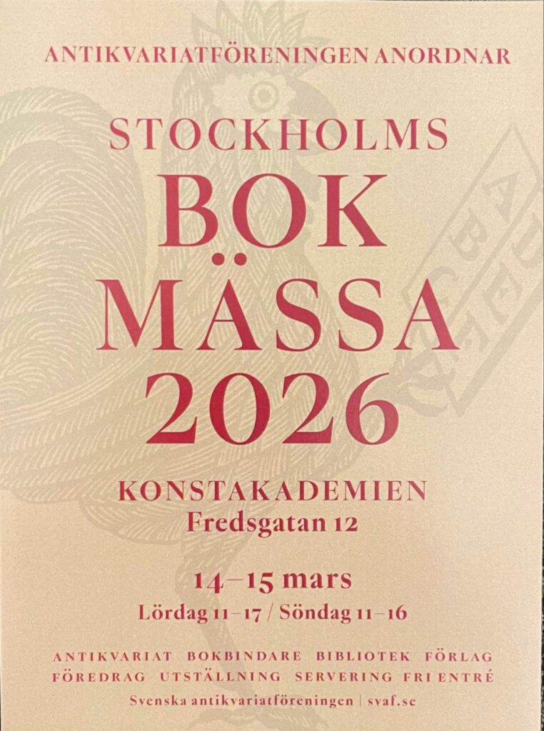 ملصق دعائي يتضمن تفاصيل وموعد انعقاد معرض ستوكهولم للكتاب 2026 في قاعات أكاديمية الفنون.