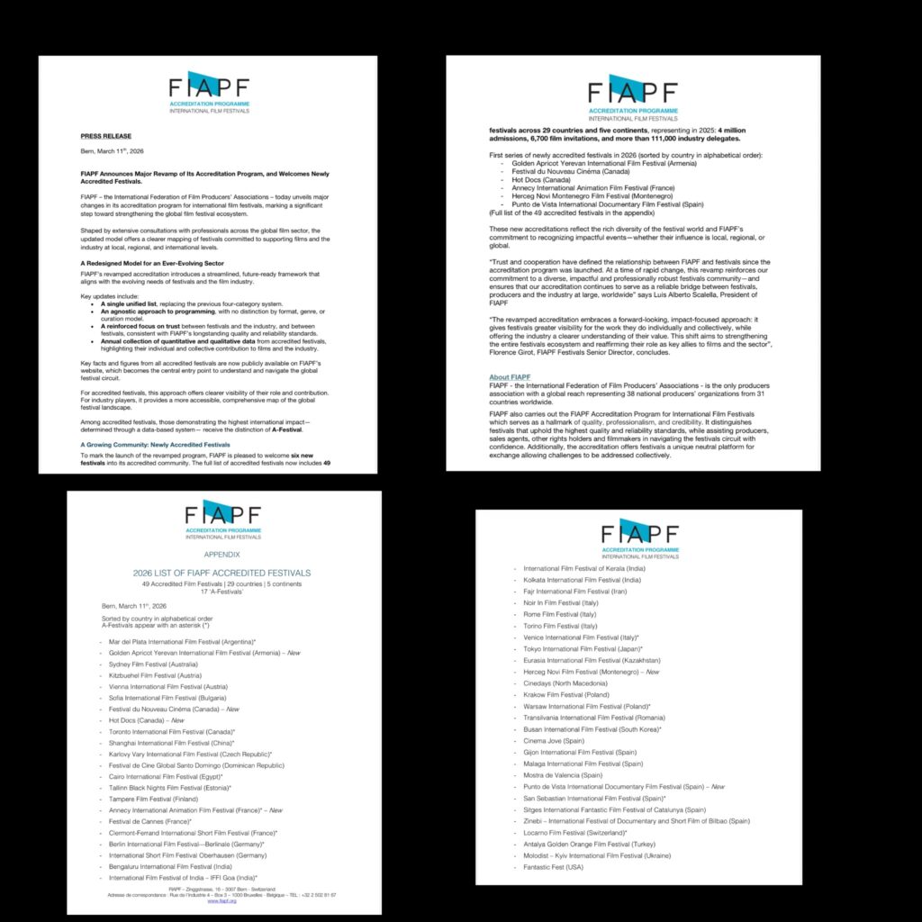 تجميعة لأربع صفحات من البيان الصحفي الرسمي للاتحاد الدولي لجمعيات منتجي الأفلام (FIAPF) الصادر في مارس 2026، توضح التعديلات الجديدة في نظام اعتماد المهرجانات السينمائية وقائمة المهرجانات المعتمدة دولياً.