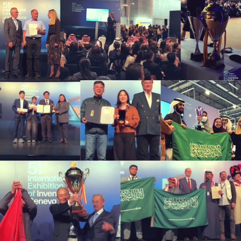 صورة مجمعة (كولاج) توثق لحظات تتويج مختلف المبتكرين والفائزين بجوائز الدورة الحادية والخمسين لمعرض جنيف الدولي للاختراعات على منصة باليكسبو.
