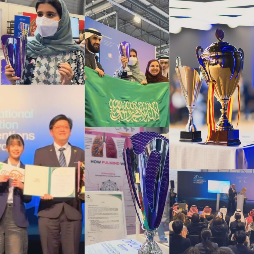 صورة مجمعة (Collage) توثق الزخم الختامي لـ معرض جنيف الدولي للاختراعات 2026؛ تبرز لقطات تسليم الجائزة الكبرى (Grand Prix) لممثلي هونج كونج، مع كادر يوضح المصافحة الرسمية على المنصة، وصور فرعية تعكس تتويج المبتكرين والاحتفاء بالنتائج الدولية والسعودية في الدورة الحادية والخمسين.