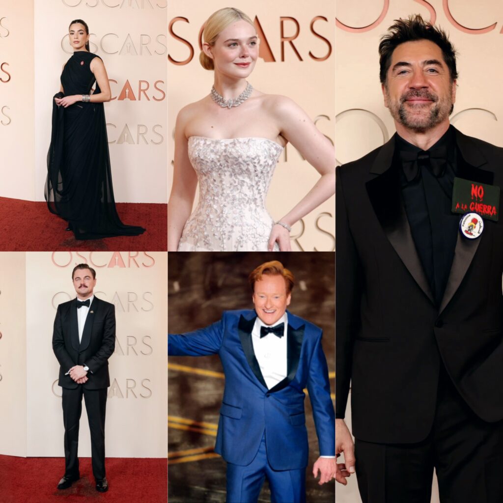 لوحة مجمعة تضم أبرز نجوم حفل جوائز الأوسكار 2026، من بينهم مقدم الحفل Conan O'Brien، والنجم Leonardo DiCaprio، والممثلة Elle Fanning، وJavier Bardem.