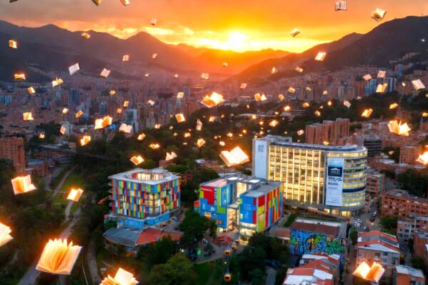 كتب مفتوحة تطفو فوق لقطة جوية لمدينة ميديلين عند غروب الشمس، تمثيلاً لاختيارها عاصمة عالمية للكتاب.