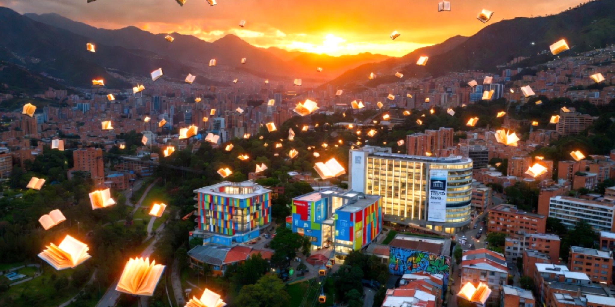 كتب مفتوحة تطفو فوق لقطة جوية لمدينة ميديلين عند غروب الشمس، تمثيلاً لاختيارها عاصمة عالمية للكتاب.