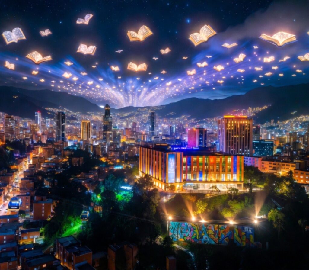 تجسيد لمنظر جوي ليلي سحري لمدينة ميديلين وهي مدينة حضرية كبيرة ممتدة عبر التلال تحت سماء مرصعة بالنجوم، مليئة بالعشرات من الكتب المفتوحة والمتوهجة التي تطفو فوقها.