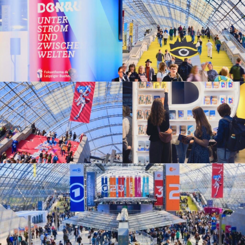 لوحة تجميعية مصورة تعرض أجواء فعاليات معرض لايبزيغ للكتاب ومحور 'Donau – Unter Strom und zwischen Welten'، تظهر لقطات للقاعة الزجاجية العملاقة المزدحمة، ومنصات الكتب المخصصة لمنطقة الدانوب على شكل حرف 'D'، وشاشات العرض الخلفية العملاقة الحاملة لشعار المحور، ولقطات من الجمهور على الدرج الأصفر والأحمر المزين بلافتات أنيمي لـ 'Manga Comic Con'.
