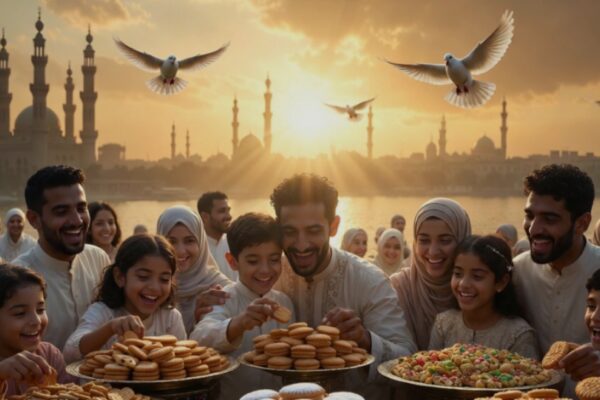 لقطة بانورامية سينمائية لغروب الشمس فوق القاهرة التاريخية، تجسد بهجة العائلات بـ عيد الفطر المبارك 2026 أمام مسجد أثري وسرب حمام يرمز للسلام.