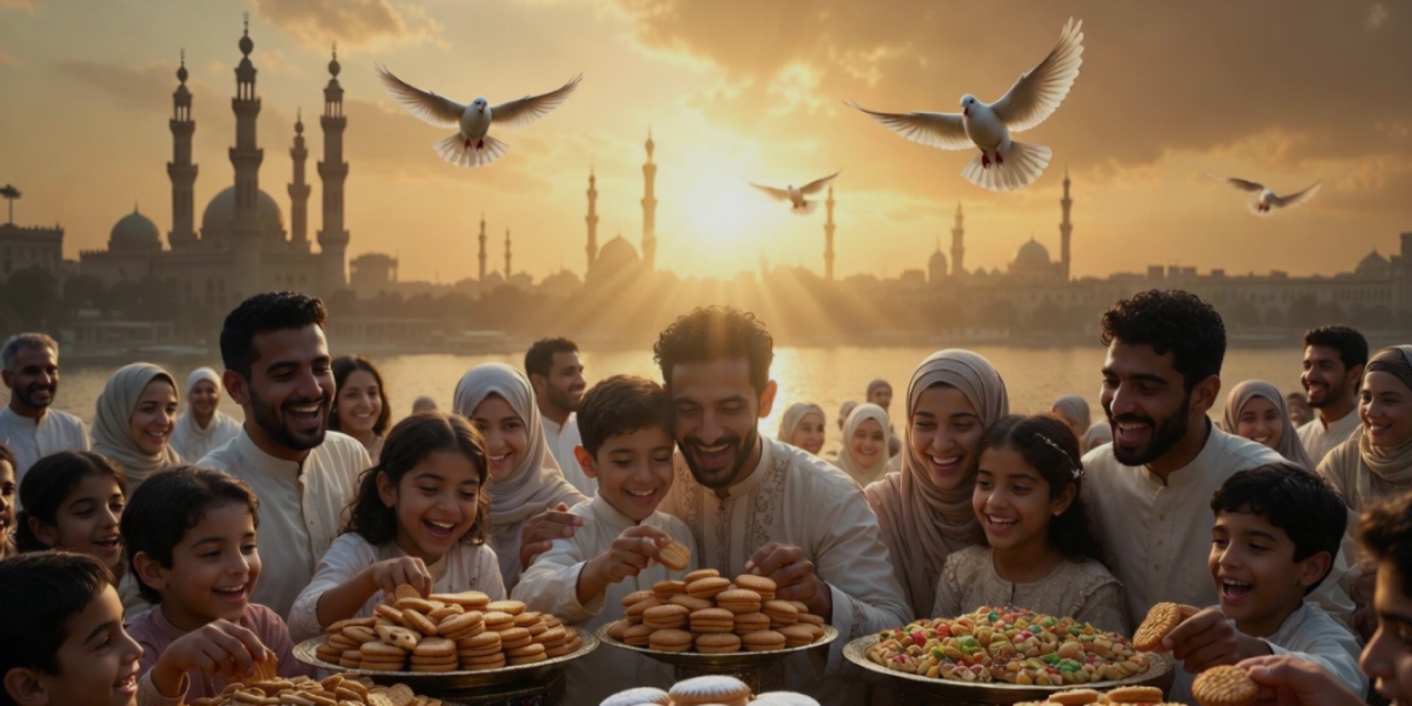لقطة بانورامية سينمائية لغروب الشمس فوق القاهرة التاريخية، تجسد بهجة العائلات بـ عيد الفطر المبارك 2026 أمام مسجد أثري وسرب حمام يرمز للسلام.