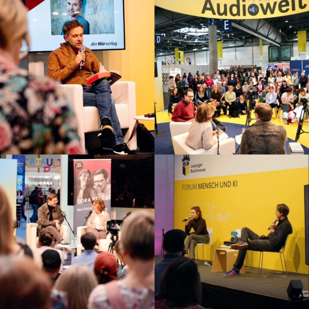 لوحة تجميعية من منتدى لايبزيغ للكتاب، تظهر لقطات قريبة لمؤلفين يتحدثون، بما في ذلك Aurel Mertz و Dora Heldt، ولقطات واسعة من 'Audiowelt' و 'FORUM MENSCH UND KI' على المسرح الأصفر.