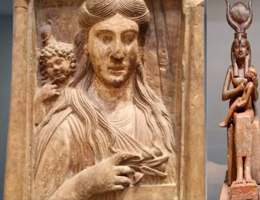 صورة مركبة تجمع بين منحوتة حجرية بارزة لامرأة وطفل صغير خلفها، وتمثال خشبي ملون للإلهة إيزيس وهي ترضع حورس، في تصوير للأمومة عبر العصور.