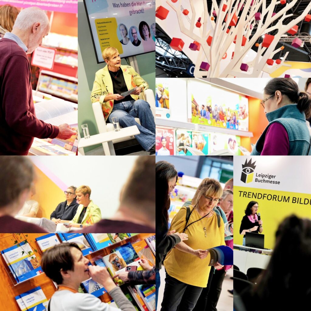 تجميع صور من قسم التعليم في معرض لايبزيغ، يظهر "منتدى اتجاهات التعليم"، عارضين، متحدثة على منصة، وزواراً يستعرضون المواد التعليمية (مثل كتب سويسريون)، وهيكلاً خشبياً أبيض يمثل "شجرة المعرفة".