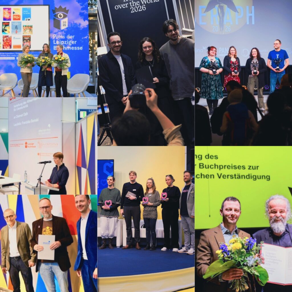 لقطة مجمعة احتفالية من ختام معرض لايبزيغ للكتاب، تظهر لقطات من حفل توزيع جوائز التفاهم الأوروبي وجوائز SERAPH للخيال العلمي، وحفل جائزة Kurt-Wolff وتكريم 'الحرف الذهبي'، مما يجسد حصاد التميز الأدبي وتتويج المبدعين في المعرض.