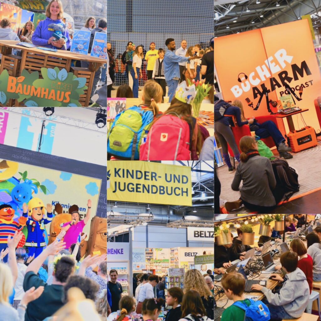 صورة مجمعة تظهر الابتكار التربوي في ختام معرض لايبزيغ للكتاب، بما في ذلك مشاهد الأطفال في مختبر "piks lab" للأطفال، وحرم "UVERSE" للشباب، ومنتدى "TRENDFORUM BILDUNG"، وقطاع "FOKUS BILDUNG"، مما يجسد مستقبل التعلم والتحول المعرفي.