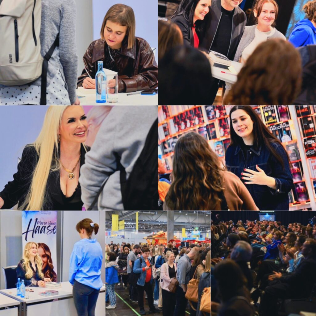 تجميع صور بانورامي يوثق المشهد الوداعي في ختام معرض لايبزيغ للكتاب 2026. يظهر في الجزء العلوي لقطة حية لمنصة "Buchbar" في القاعة رقم 4، المزدحمة بلقاءات التوقيع التاريخية بين المؤلفين والقراء (Signierstunden)، بينما تظهر الصور السفلية حركة الجمهور وتفاعلهم في القاعات، وكشك Non-Book الملون بتصميمه الإبداعي الذي يشبه الشجرة (مكتوب عليه Dauphin)، مما يجسد تنوع أشكال سرد القصص وقيمة اللقاء الإنساني الذي لا يعوض، والجمهور الذي يملأ أروقة المعرض بانتظار لقاءات ثقافية جديدة.