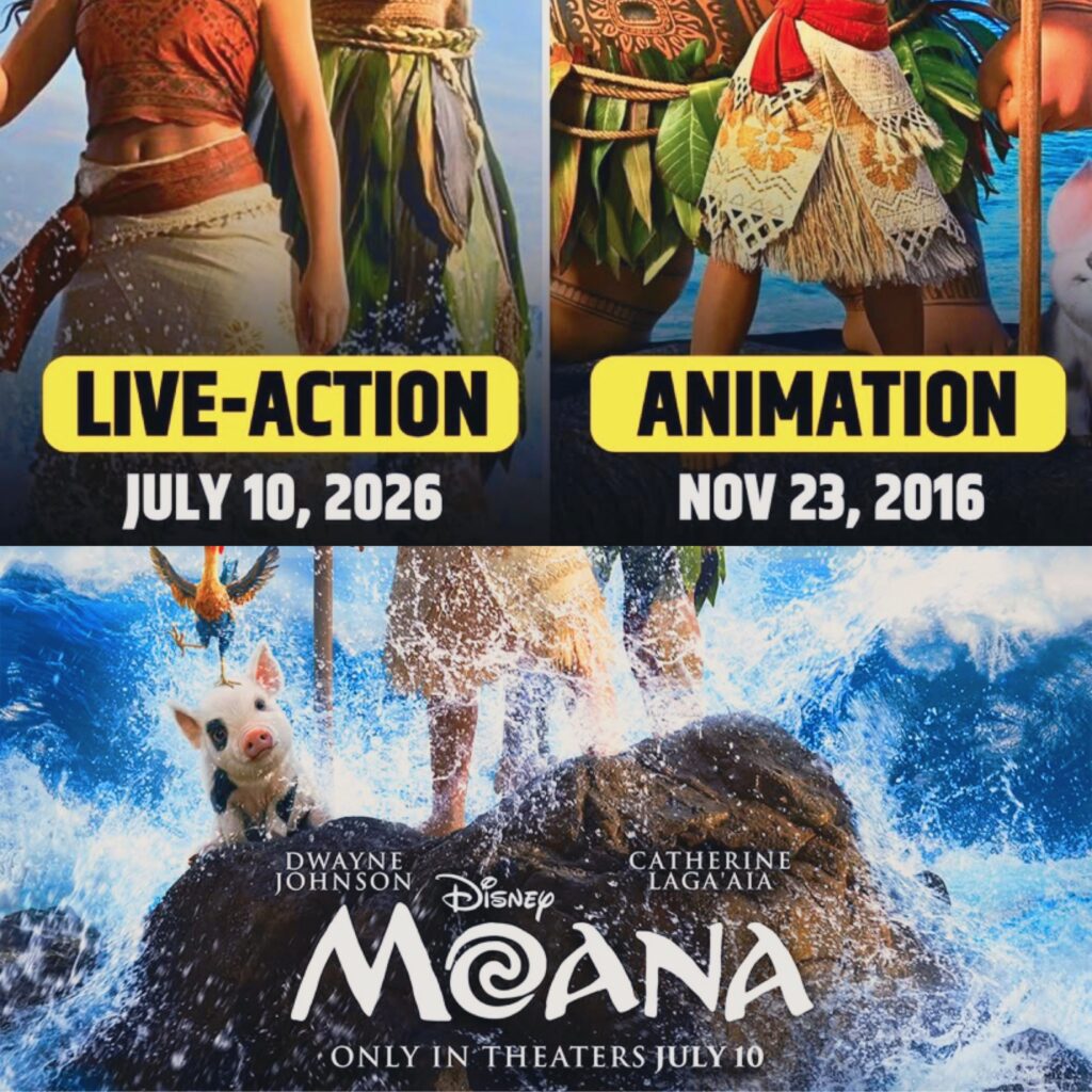 مقارنة بين ملصقات فيلم ديزني موانا توضح الفرق بين نسخة الرسوم المتحركة (2016) والنسخة الواقعية القادمة في يوليو 2026 ببطولة دواين جونسون وكاثرين لاجايا.