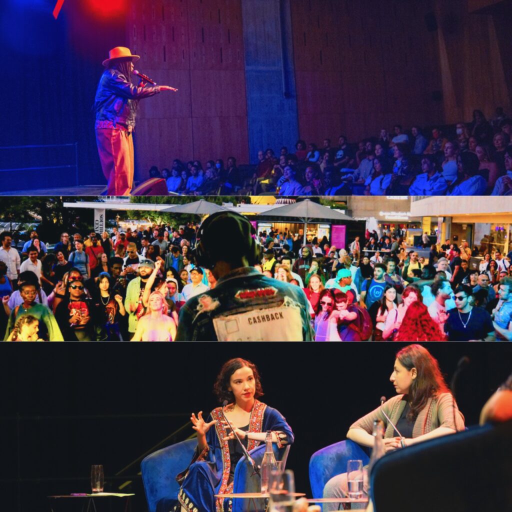 صورة مركبة بالألوان تعرض ثلاثة مشاهد متميزة ضمن فعاليات برنامج أسبوع اللاجئين Refugee Week الثقافي بمركز Southbank Centre؛ المشهد العلوي يُظهر مؤدياً على خشبة المسرح بقبعة وبيده ميكروفون يخاطب الجمهور، بينما يُظهر المشهد الأوسط شرفة خارجية على ضفة النهر مزدحمة بالحضور بانتظار مجموعة الـ DJ، وتظهر لوحة تحمل عبارة "CASHBACK"، والمشهد السفلي يُظهر سيدتين تشاركان في حلقة نقاش على خشبة المسرح جالستين على كراسٍ زرقاء وبيدهما ميكروفونات.