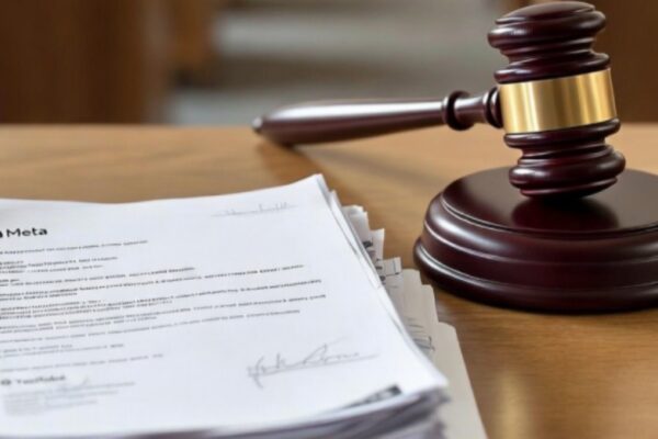 صورة تظهر مطرقة القاضي (Gavel) الخشبية مستندة على قاعدة دائرية على طاولة مكتب خشبية، وإلى يسارها حزمة من الوثائق القانونية البيضاء المطبوعة التي يظهر على الصفحة العليا منها بوضوح شعار شركة "ميتا" (Meta) القديم (اللامتناهي) بجوار كلمة "Meta"، كرمز للإجراءات القضائية في محاكمة إدمان وسائل التواصل.